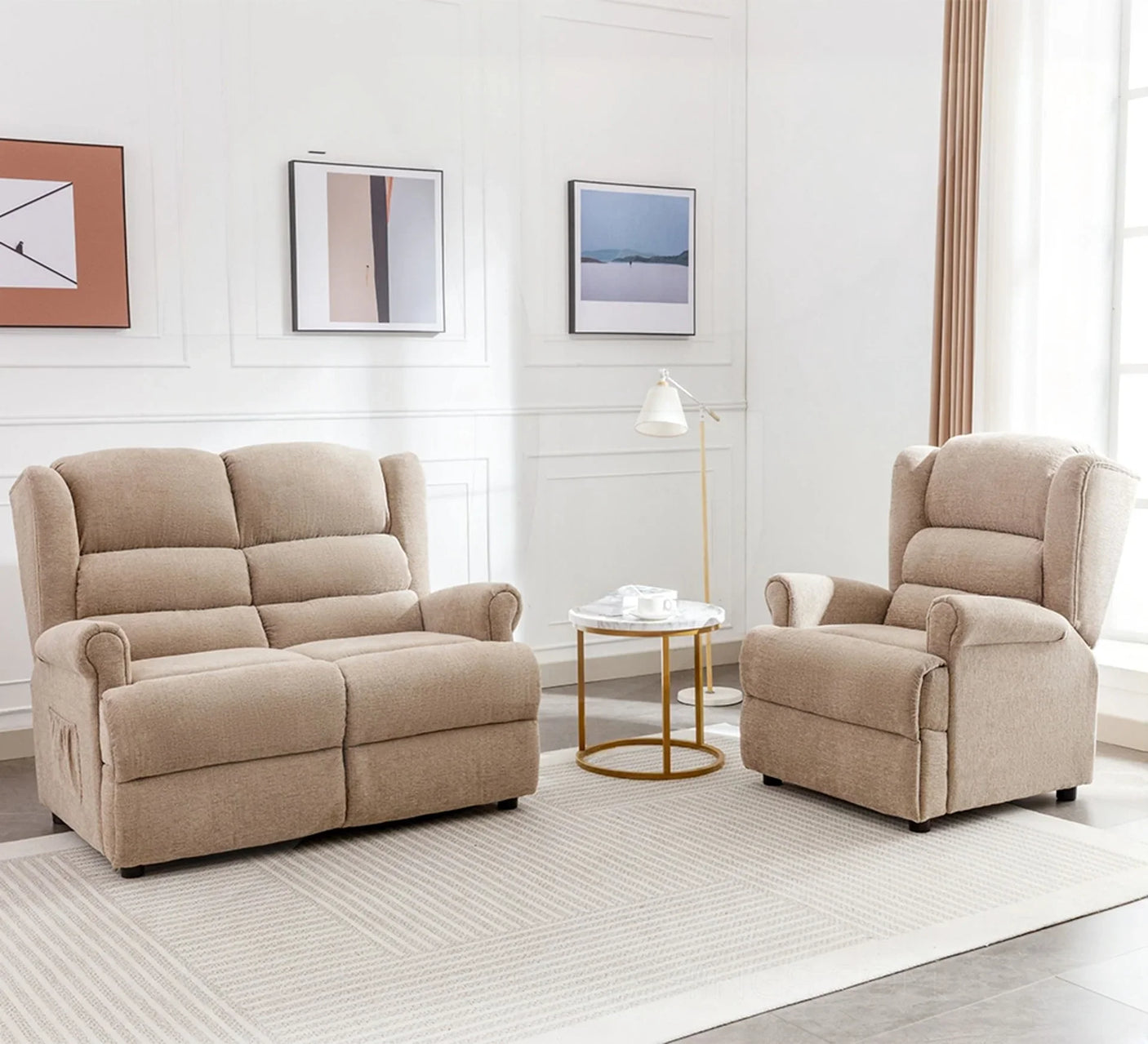 Oatmeal fabric loveseat and armchair set in modern living room with gold side table