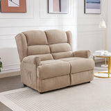 Oatmeal fabric fireside loveseat sofa with high backrest and rolled arms in modern living room