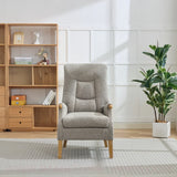 Beige thistle chair with wooden legs in modern living room setting on patterned rug