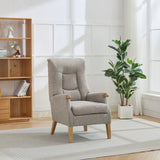 Beige upholstered accent chair with wooden legs in modern living room setting