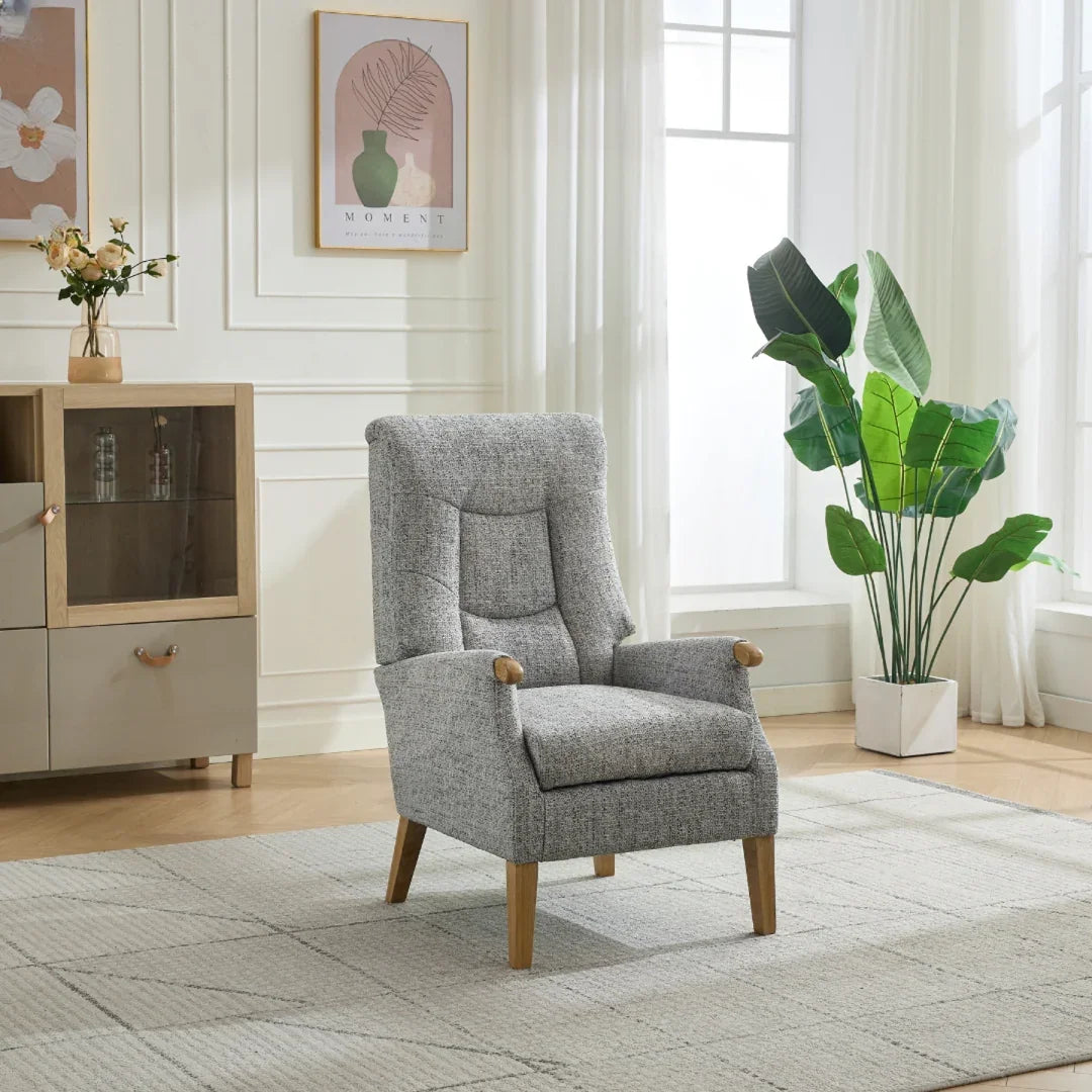 Thistle chair stone fabric armchair with wooden legs in modern living room setting