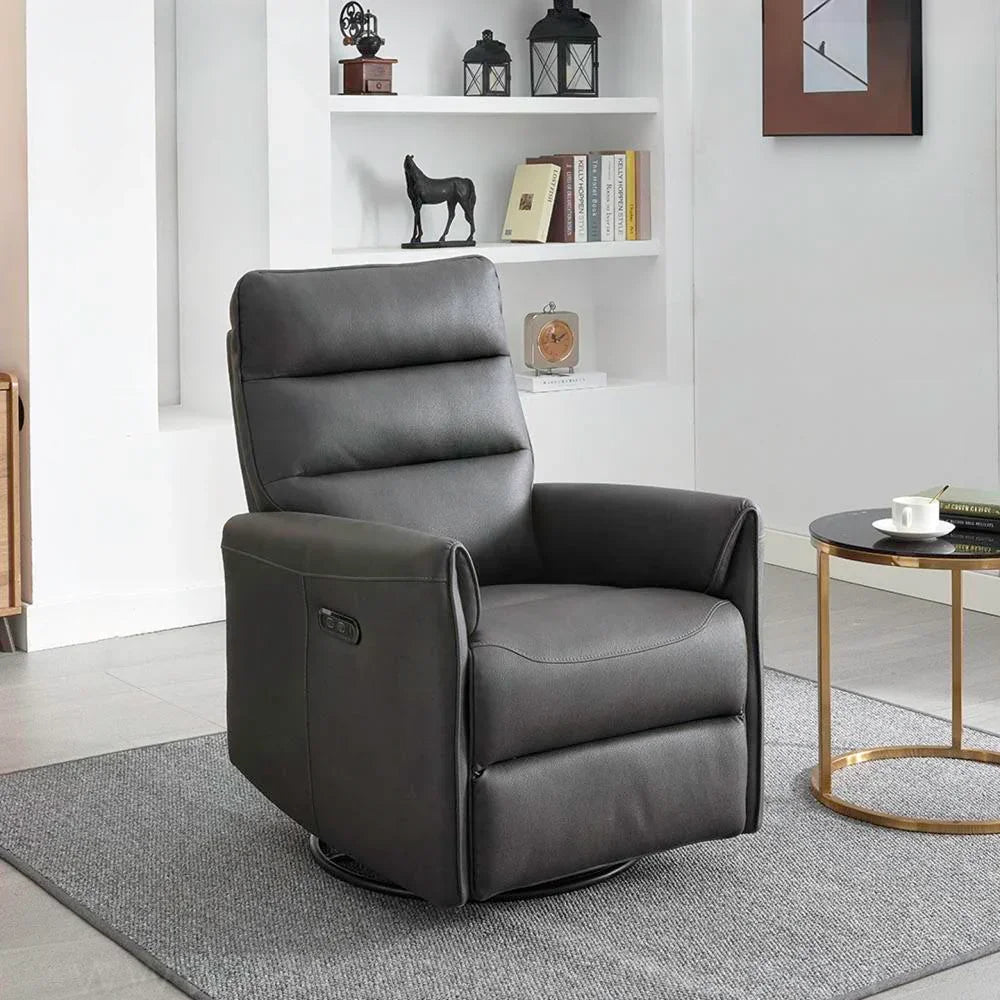 Grey swivel glider chair with padded seat and backrest in modern living room setting