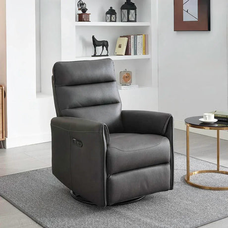 Grey swivel glider chair with padded seat and backrest in modern living room setting