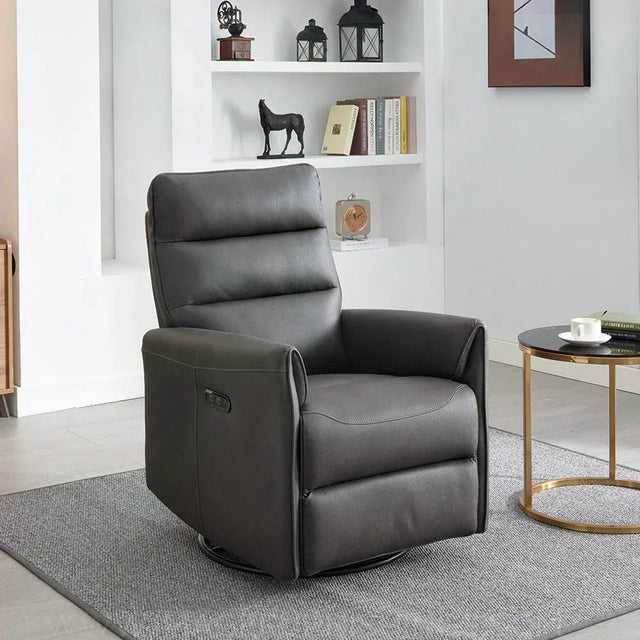 Grey swivel glider chair with padded seat and backrest in modern living room setting