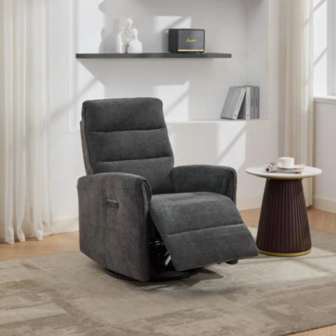 Dark grey swivel glide chair recliner in a modern living room setting
