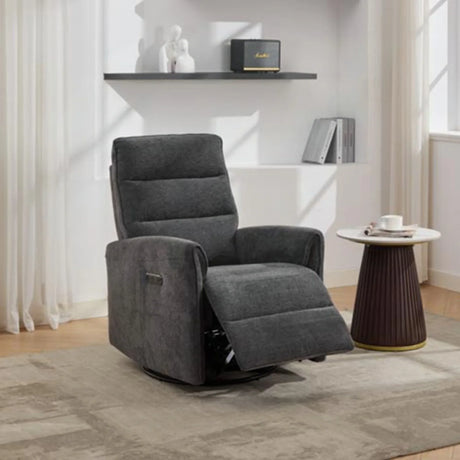 Dark grey swivel glide chair recliner in a modern living room setting