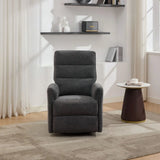 Dark grey swivel glide chair with padded arms set on beige rug beside round side table