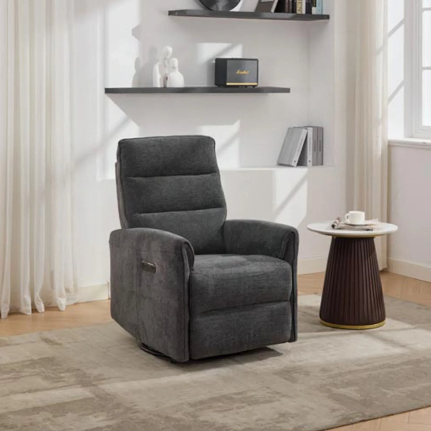 Dark grey swivel glide chair with padded seat in modern living room next to round side table