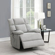 Light grey lift and rise massage chair reclined in modern living room setting