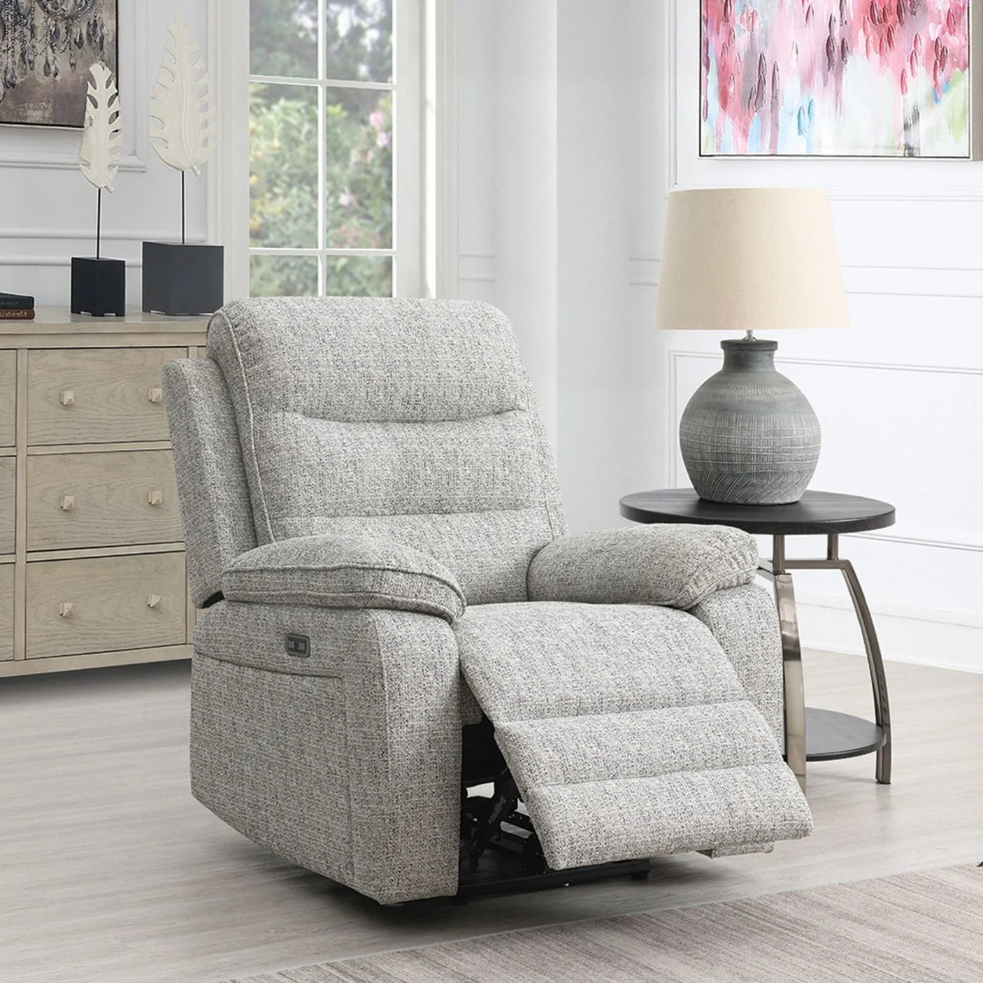 Stone fabric 1 seater chair recliner in modern living room beside side table and lamp