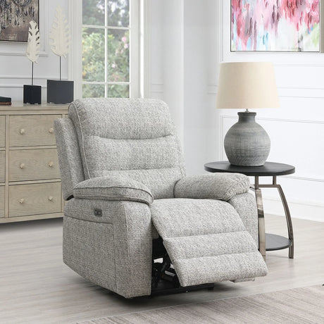 Stone fabric 1 seater chair recliner in modern living room beside side table and lamp
