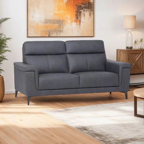 Graphite fabric sofa with high backrest and slim arms in modern living room setting