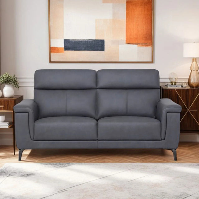 Graphite sofa with slim black legs in modern living room setting with abstract wall art