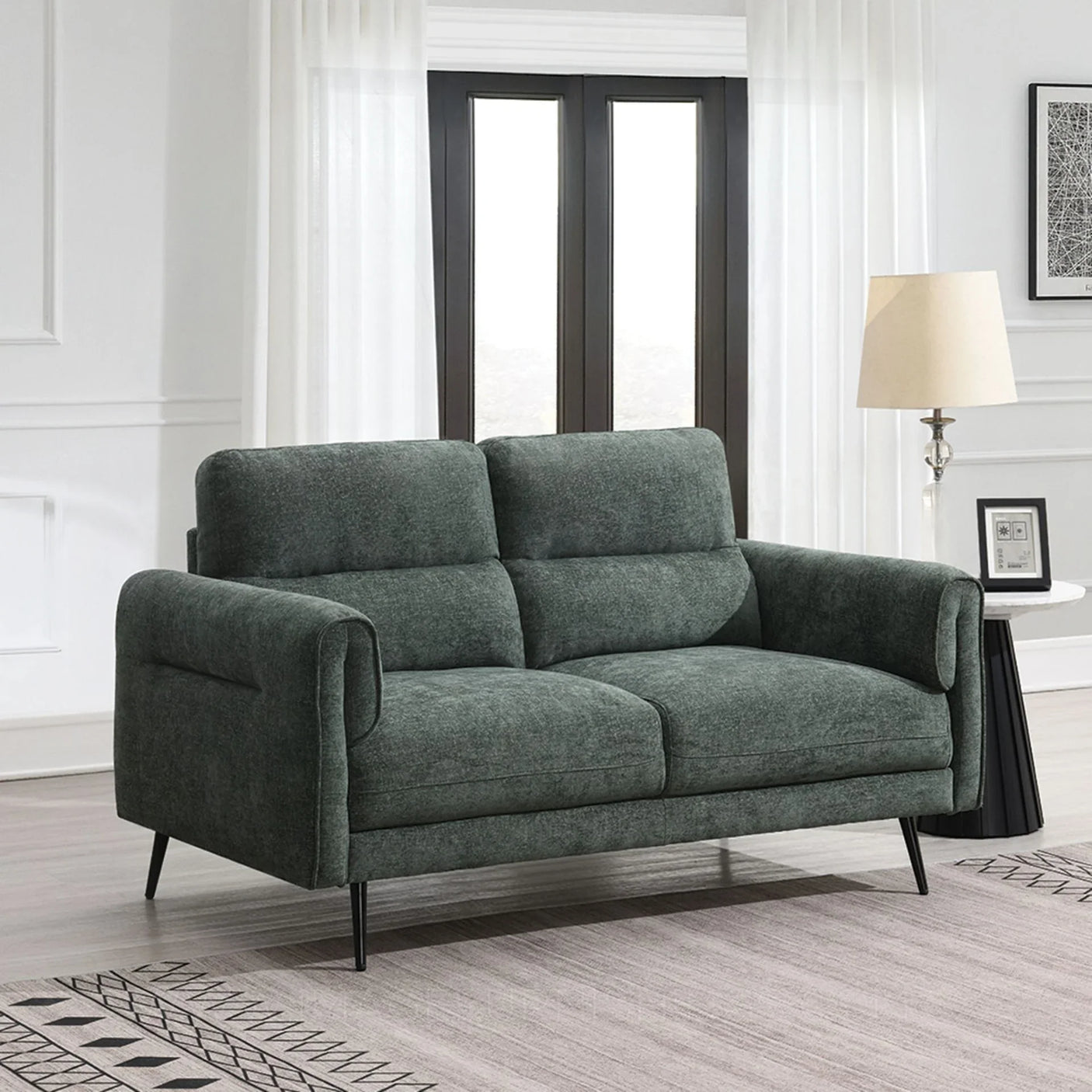 Winter moss fabric two seater loveseat sofa with slim black legs in modern living room