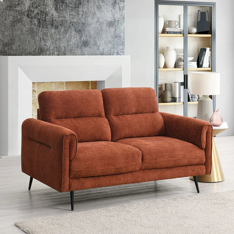 Two seater loveseat sofa in deep terra fabric with black legs in modern living room