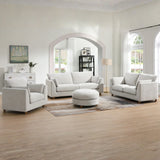 Liberty Pearl fabric 2 seater loveseat with wooden legs in a modern bright living room