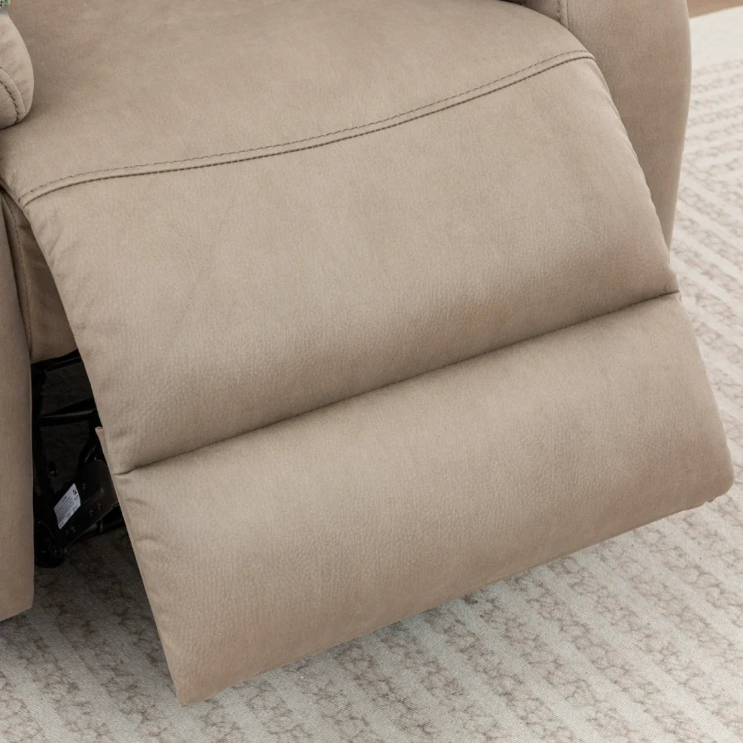 Stone fabric recliner chair footrest extended on patterned rug