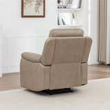 Stone fabric recliner chair rear view in living room setting on neutral rug