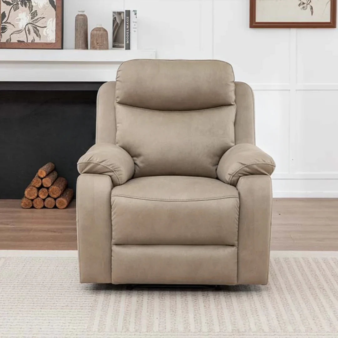 Stone fabric recliner chair with padded armrests and headrest on striped rug in living room