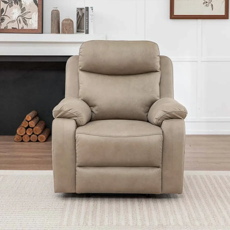 Stone fabric recliner chair with padded armrests and headrest on striped rug in living room