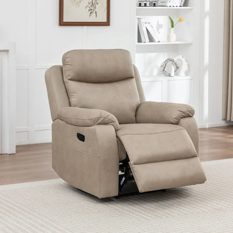 Stone fabric recliner chair with footrest extended in a bright living room setting