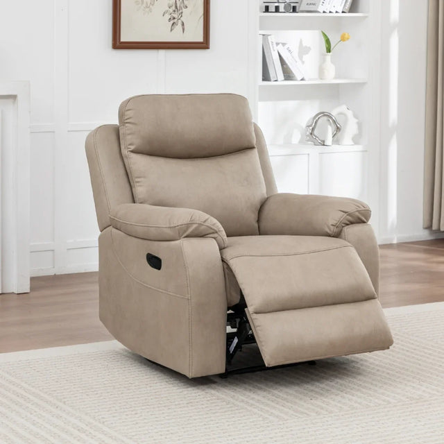 Stone fabric recliner chair with footrest extended in a bright living room setting
