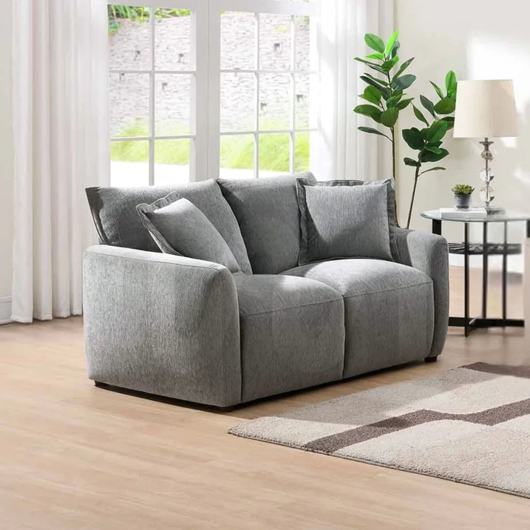 Light grey fabric 2 seater loveseat with cushions in a modern living room setting