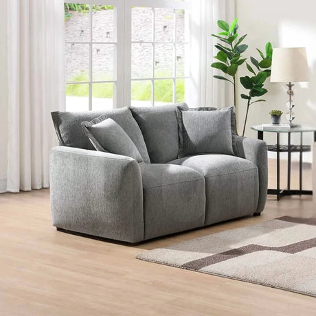 Light grey fabric 2 seater loveseat with cushions in a modern living room setting