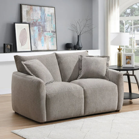Stone fabric 2 seater loveseat sofa with cushions in modern living room setting