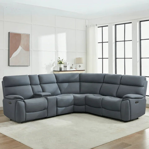 Midnight grey sectional sofa with recliner and console in bright modern living room