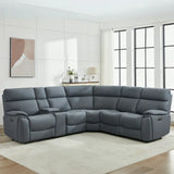 Midnight grey sectional sofa with recliner and console in bright modern living room