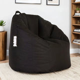 Black fabric bean bag chair with handle in modern living room setting
