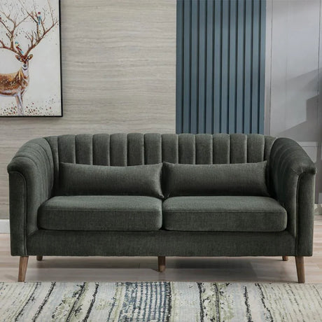 Winter moss green 3 seater sofa with vertical channel backrest and wooden legs in living room
