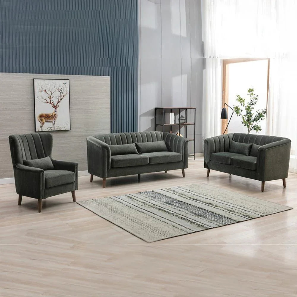 Winter moss green 3-seater sofa set with matching armchair and loveseat in modern living room