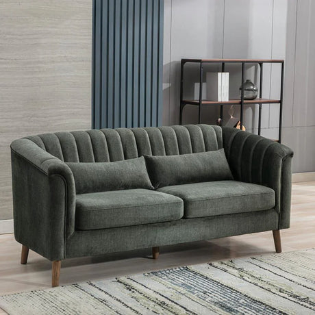 Charlotte 3 seater sofa in winter moss fabric with vertical channel tufting and wooden legs