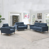 Blue fabric sofa set with armchair, two-seater, and three-seater in modern living room