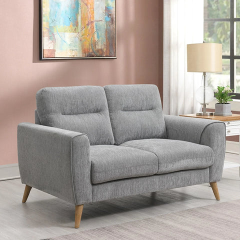 Grey fabric 2 seater sofa with wooden legs in modern living room setting