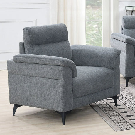 Grey fabric armchair with cushioned backrest and angled black legs in modern living room