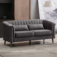 Graphite fabric sofa with channel tufted back and wooden legs in modern living room