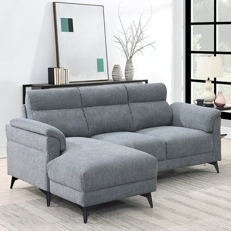 Grey fabric corner sectional sofa with chaise and black legs in modern living room