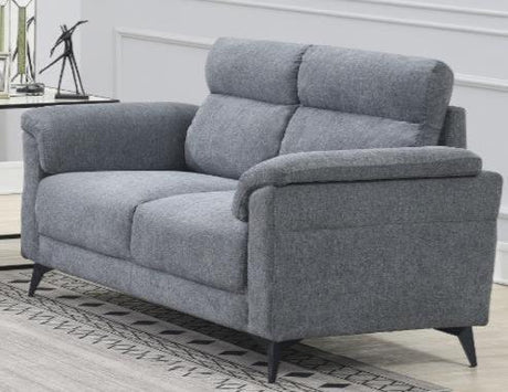 Grey fabric two seater sofa with cushioned backrest and slim black legs in living room setting