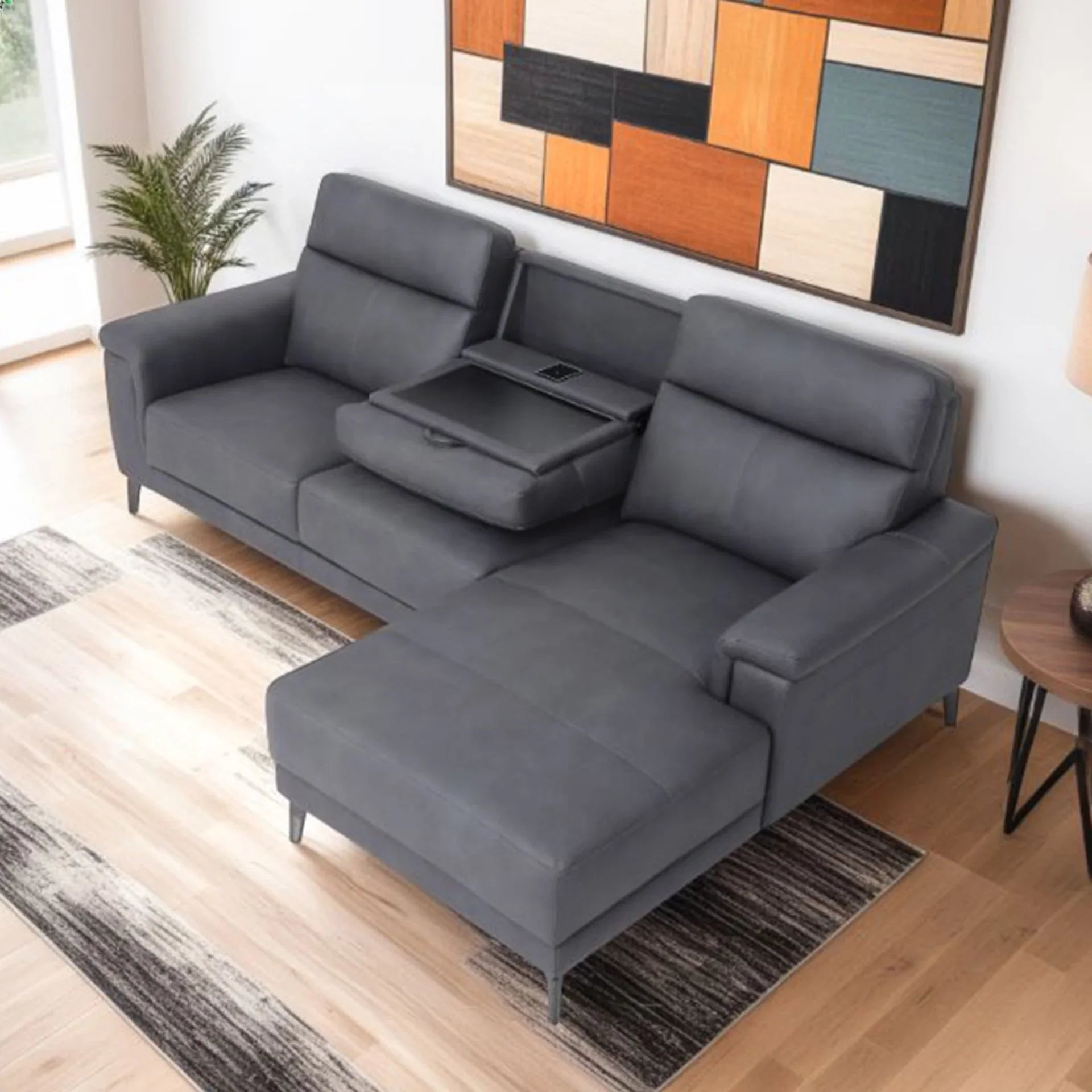 Graphite corner sofa with right-hand chaise and built-in cup holder on wooden floor