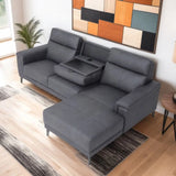 Graphite corner sofa with right-hand chaise and built-in cup holder on wooden floor