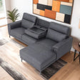 Graphite grey sectional sofa with chaise, drop-down tray, in modern living room setting