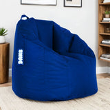 Blue bean bag chair with handle and side label in modern living room setting