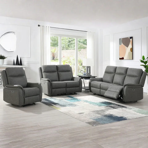 Stone grey armchair and recliner sofa set in modern living room with light wood floor