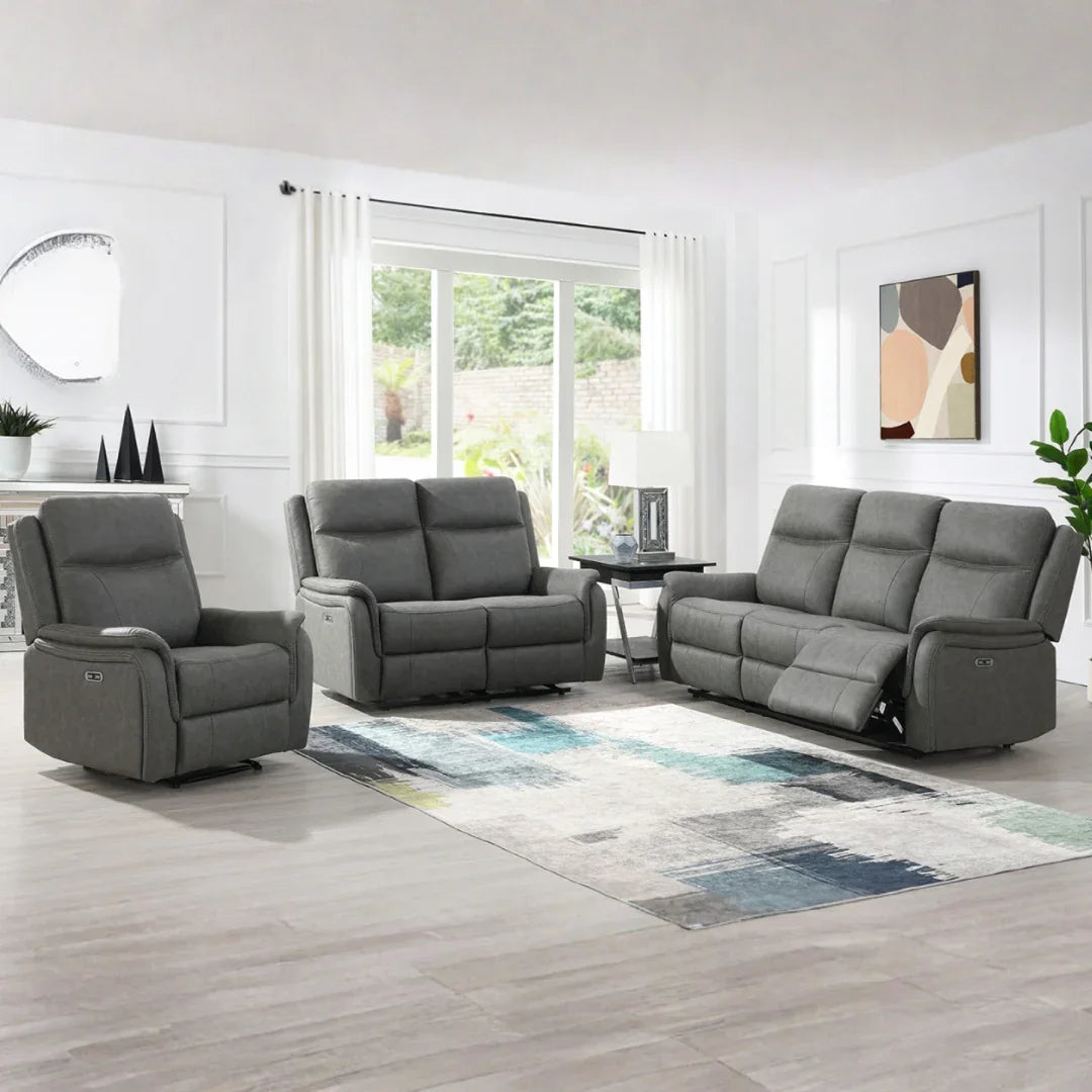 Stone grey armchair and recliner sofa set in modern living room with light wood floor