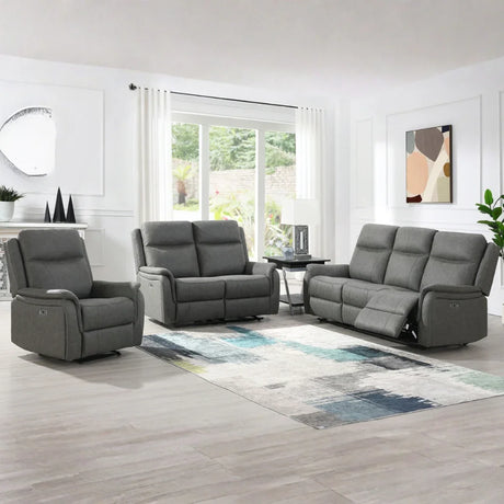 Stone grey armchair and recliner sofa set in modern living room with light wood floor