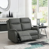 Stone grey loveseat sofa with recliner feature in bright living room setting