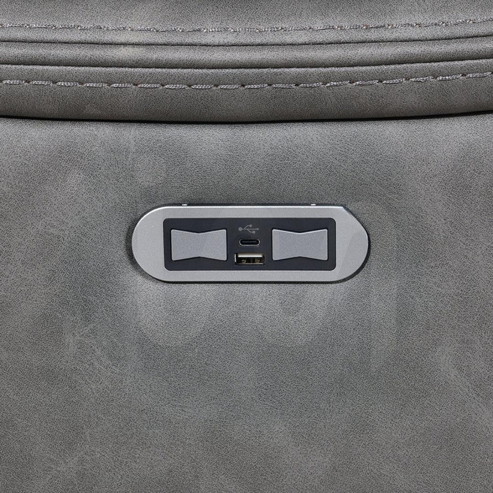 Stone grey sofa with USB charging port and control buttons on the side panel